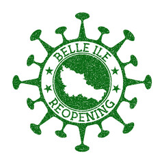 Belle Ile Reopening Stamp. Green round badge of island with map of Belle Ile. Island opening after lockdown. Vector illustration.