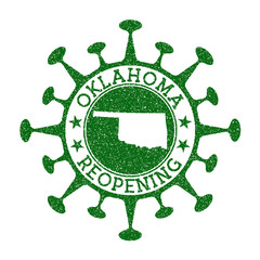 Oklahoma Reopening Stamp. Green round badge of US state with map of Oklahoma. US state opening after lockdown. Vector illustration.
