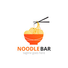 Noodle logo concept. Red bowl with chopsticks. Japanese template vector.