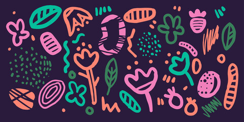 A set of different elements in Doodle style. Abstract spots and and flowers on the background.