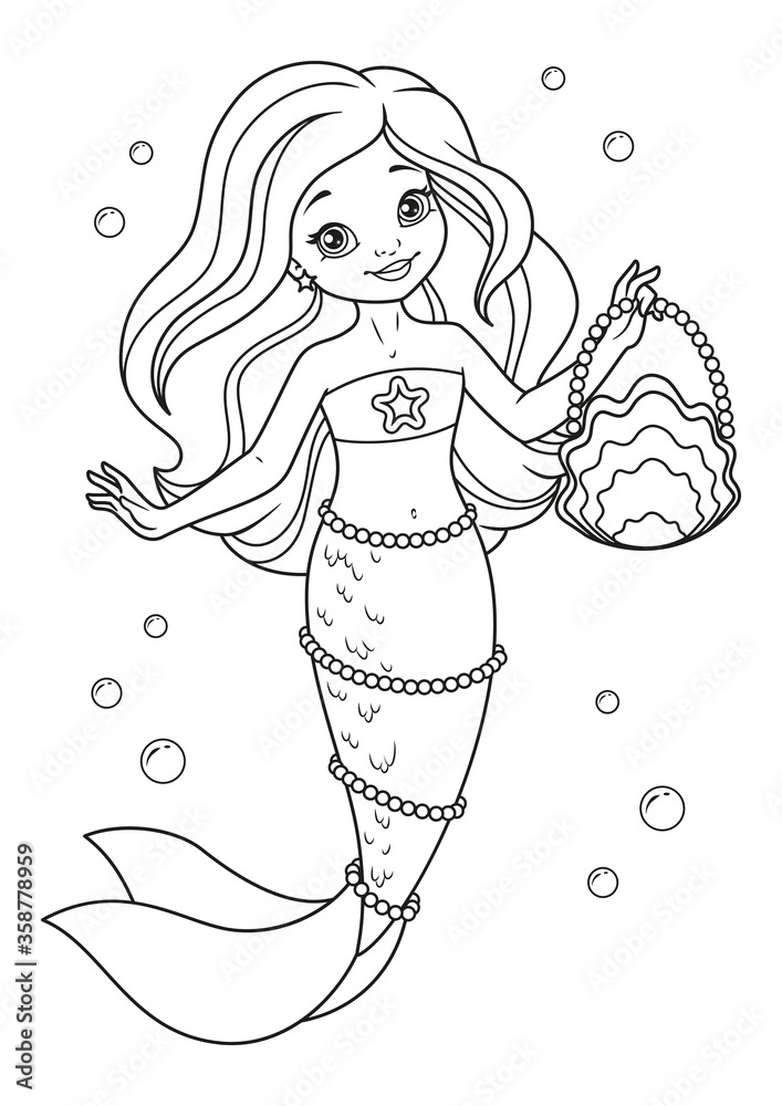 Wall mural cute mermaid with handbag coloring page