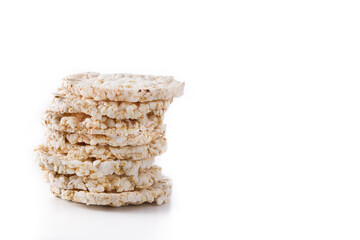 Pile of puffed rice cakes isolated on white background. Copy space