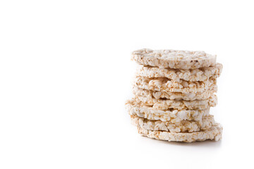 Pile of puffed rice cakes isolated on white background. Copy space