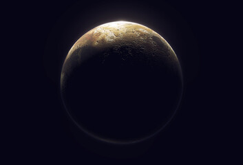 Eclipse with small planet, view from dark side, 3d render.
