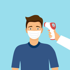 Measuring the temperature of a man with medical digital infrared thermometer in front view. Covid-19 thermo scan checkpoint concept vector illustration.