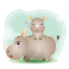 cute mother rhino & baby in the children's style. cute cartoon rhino vector illustration