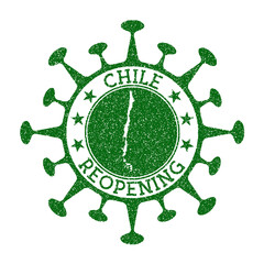 Chile reopening stamp. Green round badge of country with map of Chile. Country opening after lockdown. Vector illustration.