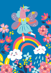 Fototapeta na wymiar Vector greeting card with the girl in a mask of a unicorn with fairy wings and a magic wand in her hand walking on a rainbow over a flower meadow. 