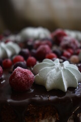 chocolate cake with fruit and meringue