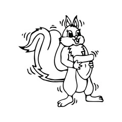 Cartoon funny squirrel holding pine cone. Vector illustration.