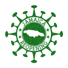 Jamaica Reopening Stamp. Green round badge of country with map of Jamaica. Country opening after lockdown. Vector illustration.