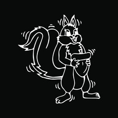 Cartoon funny squirrel holding pine cone. Vector illustration.