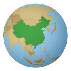 Globe centered to China. Country highlighted with green color on world map. Satellite projection view. Vector illustration.