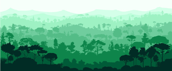 Mountain landscape with forest and horizon. Distant mountains and jungle. Silhouette trees.
