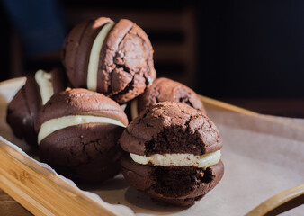 Whoopie pies on the table. Background for cafes