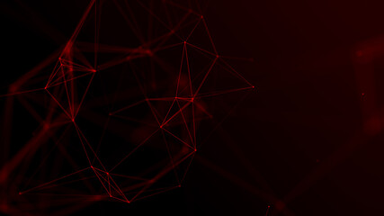 Red background with connecting triangulars, dots and lines. Futuristic polygonal background. 3d rendering.