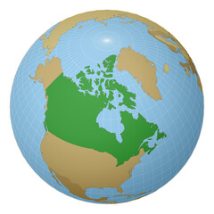 Globe centered to Canada. Country highlighted with green color on world map. Satellite projection view. Vector illustration.