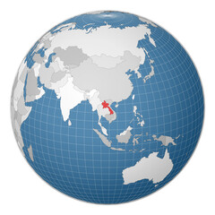 Globe centered on Laos. Country highlighted in green on world map. Satellite world projection. Trendy vector illustration.