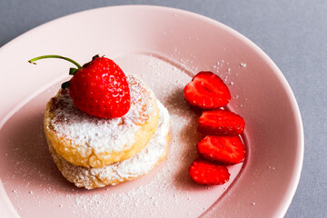Freshly baked cottage cheese pancake. Meal, kitchen.