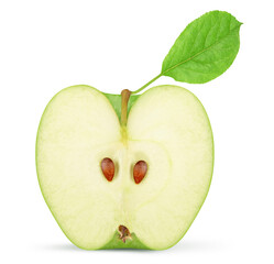Half of a green apple with leaf isolated. Clipping path