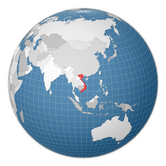 Globe centered on Vietnam. Country highlighted in green on world map. Satellite world projection. Creative vector illustration.