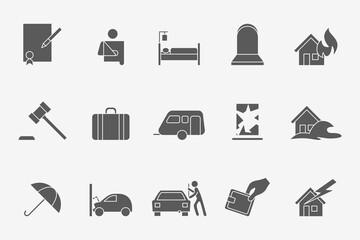 Insurance Icons set - Vector silhouettes of protection car, house, health, family, life for the site or interface