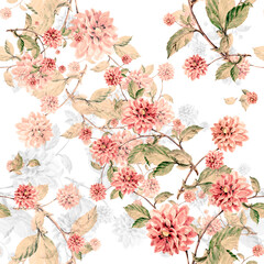 Fototapeta na wymiar Flowers dahlia painting in watercolor on white background. Floral seamless pattern for fabric.