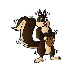 Cartoon funny squirrel holding pine cone. Vector illustration.