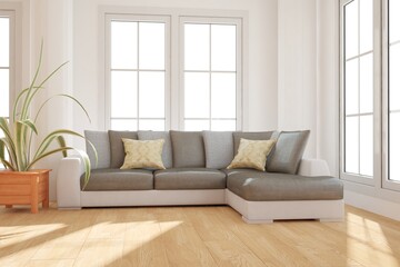modern hall with sofa and plant interior design. 3D illustration