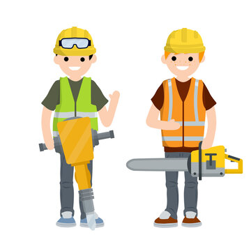 Construction work. Clothing and tools worker. Yellow uniform, gloves, jackhammer, goggles, green vest and helmet. Cartoon flat illustration. Chainsaw and Logger. Maintenance service