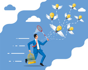 Businessmen trying to catch idea light bulbs with wings and to put them in cage. Creative idea or inspiration, business start up. Glass bulb with spiral and wings in flat style. Vector illustration