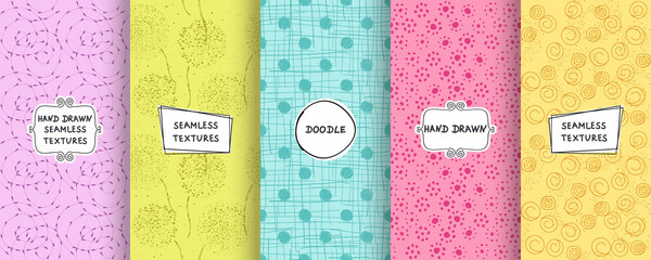 Set of seamless hand drawn texture designs for backgrounds, business cards, web design. Doodle pattern with trendy modern labels on bright background. vector illustration - 358783788