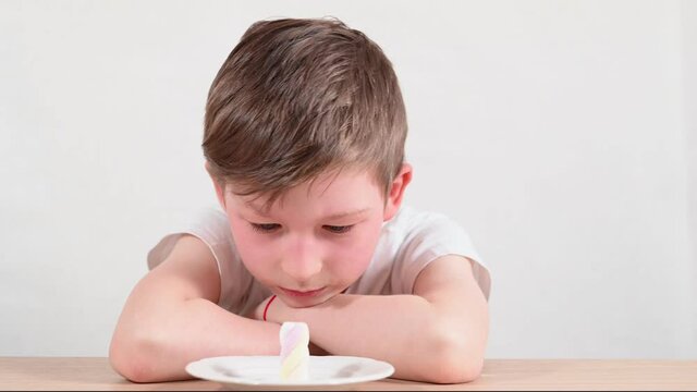 exhausted preschooler waits for marshmallow experiment ending putting head on arms taking part in scientific test closeup