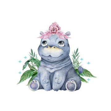 Cute baby Hippo Hand drawn adorable watercolor illustration on white background © Anna Terleeva