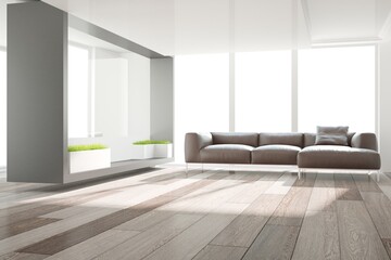 modern office hall with sofa and plants interior design. 3D illustration