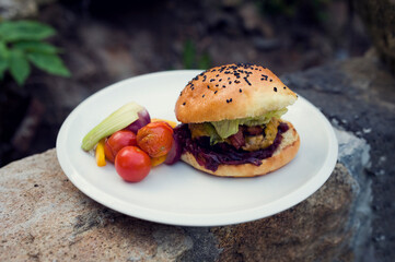 Beef hamburger with chees, onion sauce, vegetables and homade pastry on white porcelain plate, outdoor on stone wall