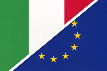 Italy and European Union or EU, symbol of two national flags from textile. Championship between two European countries.