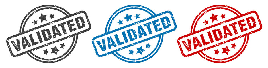 validated stamp. validated round isolated sign. validated label set