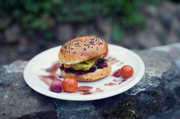 Beef hamburger with chees, onion sauce, vegetables and homade pastry on white porcelain plate, outdoor on stone wall
