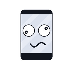 Sick phone. Virus and bug. problem with device. Repair and service. Cartoon illustration, Eye and mouth. Funny character. Illness sad face on blue screen