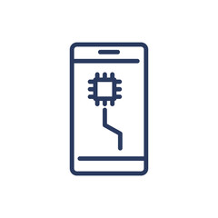 Mobile phone with microchip on screen thin line icon. CPU, microprocessor, microchip isolated outline sign. Phone repair, service, breakdown concept. Vector illustration symbol element for web design