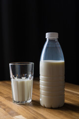 bottle of milk on the table and dark background