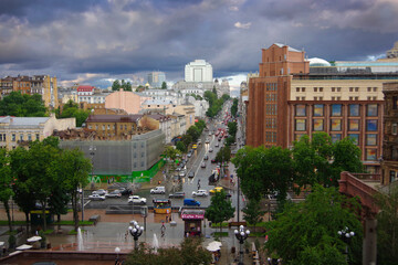 Kiev. Ukraine. 07.17.20. View of the city street Bogdan Khmelnitsky.