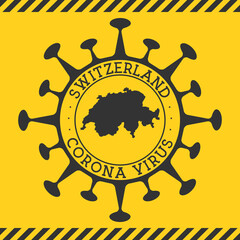 Corona virus in Switzerland sign. Round badge with shape of virus and Switzerland map. Yellow country epidemy lock down stamp. Vector illustration.