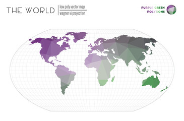 Abstract world map. Wagner VI projection of the world. Purple Green colored polygons. Elegant vector illustration.