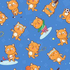 Vector seamless pattern with cute cartoon cat character representing different sports: tennis, football, cycling, basketball, golf, running, badminton, hockey, figure skating. Funny cartoon background - 358785915
