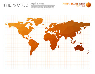 Vector map of the world. Cylindrical stereographic projection of the world. Yellow, orange, and brown colored polygons. Stylish vector illustration.