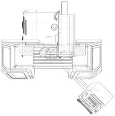 Milling CNC machine. Vector Wire-frame isolated on background. Vector rendering of 3d.