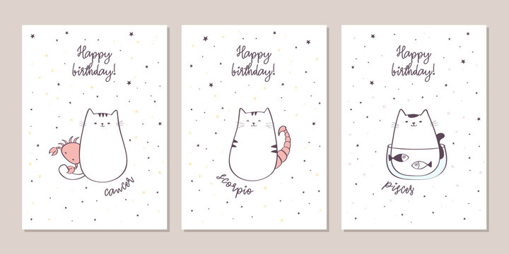 Set of birthday greeting cards design with cute cartoon zodiac cats. Water zodiacal signs: Cancer, Scorpio, Pisces. Vector illustration