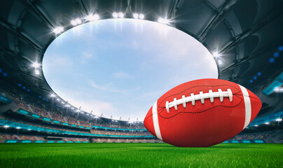 Fototapeta na wymiar Magnificent outdoor stadium with a american football ball on the green lawn of the field with spectators on the stands. Professional world sport 3D illustration background.